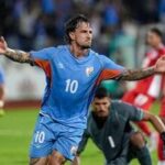 Indian midfielder Ryan Williams (10) celebrates after scoring a goal during the friendly match against Panama in Bengaluru.