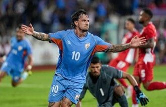Indian midfielder Ryan Williams (10) celebrates after scoring a goal during the friendly match against Panama in Bengaluru.