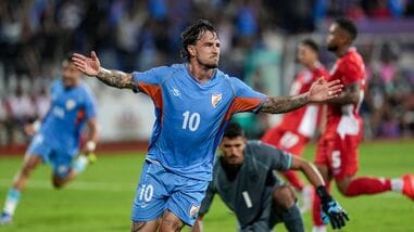 Indian midfielder Ryan Williams (10) celebrates after scoring a goal during the friendly match against Panama in Bengaluru.