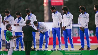 ICC Chairman Jay Shah with India's team members during the medal ceremony after winning the final T20I cricket match against Pakistan, at the 20th Asian Games in Nisshin on Saturday.