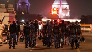 Security personnel during the INDIA alliance march from Parliament House, in New Delhi, Friday, Oct. 9, 2026. (PTI Photo/Atul Yadav)