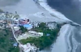Aerial view of a flash flood in the Kali Gandaki River, in Nepal's Gorkha district.