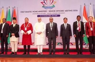 In this screengrab from a video posted on Oct. 13, 2026, Union Home Minister Amit Shah poses for a group photograph with delegates during the first Bay of Bengal Initiative for Multi-Sectoral Technical and Economic Cooperation (BIMSTEC) Home Ministers' Meeting, in New Delhi.