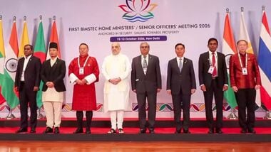 In this screengrab from a video posted on Oct. 13, 2026, Union Home Minister Amit Shah poses for a group photograph with delegates during the first Bay of Bengal Initiative for Multi-Sectoral Technical and Economic Cooperation (BIMSTEC) Home Ministers' Meeting, in New Delhi.