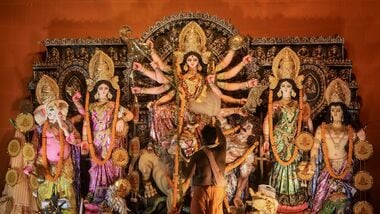 Kolkata: A priest offers prayers at a community pandal during the Durga Puja festival, in Kolkata, Saturday, Oct. 17, 2026. (PTI Photo/Manvender Vashist Lav)(PTI10_17_2026_000433B)