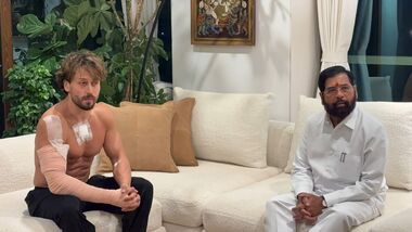 Maharashtra Deputy Chief Minister Eknath Shinde, right, during a meeting with Bollywood actor Tiger Shroff after unidentified assailants allegedly attacked the actor's vehicle in Mumbai.