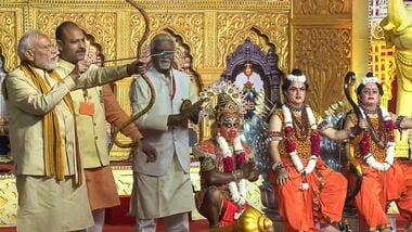 In this screengrab from a video received on October 20, Prime Minister Narendra Modi takes part in 'Vijaya Dashami' celebrations in New Delhi. (@NarendraModi/YT via PTI Photo)