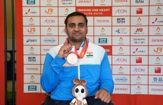 Indian para-athlete Ayush Verma celebrates after winning the gold medal in the men's shot put F53 event at the Asian Para Games 2026, in Nagoya, Japan.