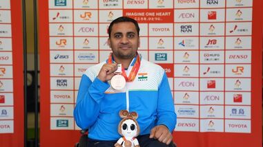 Indian para-athlete Ayush Verma celebrates after winning the gold medal in the men's shot put F53 event at the Asian Para Games 2026, in Nagoya, Japan.