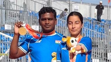 India's Sheetal Devi (Right) and Toman Kumar (Left) clinched the compound mixed team gold at the Asian Para Games 2026 in Aichi-Nagoya.