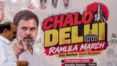 New Delhi: A man walks near a banner of Lok Sabha LoP Rahul Gandhi ahead of the 'Chalo Delhi Ramlila March', outside the Congress headquarters in New Delhi, Wednesday, Oct. 28, 2026.
