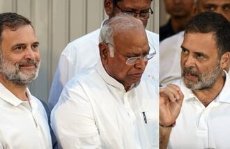 New Delhi: Leader of Opposition in the Lok Sabha Rahul Gandhi, Congress President Mallikarjun Kharge, All India Students' Association (AISA) National President Neha Bora, and other leaders of the INDIA bloc also joined them during a joint press conference, in New Delhi,