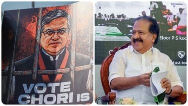 (L): Congress Party supporters and citizen groups protested at Chaityabhoomi in Dadar against Chief Election Commissioner (CEC) Gyanesh Kumar amid the ongoing row over the Election Commission's functioning.