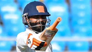 Saurashtra's Ravindra Jadeja celebrates his century during the Ranji Trophy 2026-27 Group B match against Chhattisgarh, in Rajkot.