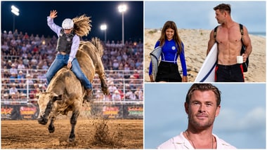 Left: Chris Hemsworth’s daughter India Rose competing in bull riding
Right top: Chris Hemsworth with daughter India Rose
Right bottom: Thor actor Chris Hemsworth