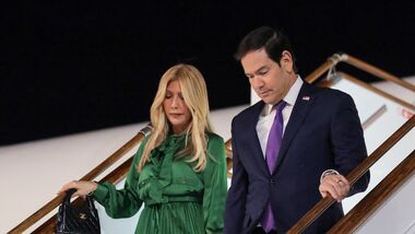 Secretary of State Marco Rubio and his wife Jeanette Rubio disembark a plane as they arrive at the airport, for the C5+1 Ministerial meeting, in Samarkand, Uzbekistan, Sunday, Oct. 18, 2026. (Kylie Cooper/Pool Photo via AP)