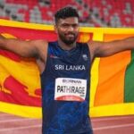 Sri Lanka's Rumesh Pathirage celebrates after winning the men's javelin throw final, at the Asian Games in Nagoya, Japan, Monday, Sept. 28, 2026. (AP Photo/Lee Jin-man)