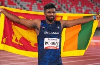 Sri Lanka's Rumesh Pathirage celebrates after winning the men's javelin throw final, at the Asian Games in Nagoya, Japan, Monday, Sept. 28, 2026. (AP Photo/Lee Jin-man)