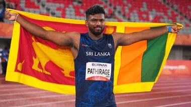 Sri Lanka's Rumesh Pathirage celebrates after winning the men's javelin throw final, at the Asian Games in Nagoya, Japan, Monday, Sept. 28, 2026. (AP Photo/Lee Jin-man)