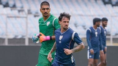 India vs Brazil Live Score, FIFA friendly: India's Gurpreet Singh Sandhu and teammate Ryan Williams during a training session.
