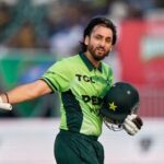 Pakistan's Salman Ali Agha celebrates his hundred against Sri Lanka in the ODI tri-series opener in Rawalpindi.
