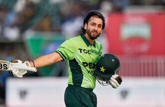 Pakistan's Salman Ali Agha celebrates his hundred against Sri Lanka in the ODI tri-series opener in Rawalpindi.