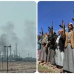 (L-R) Smoke rises from a fire at the Aramco refinery south of Riyadh, Saudi Arabia, October 3, 2026. Picture taken with a mobile phone; fighters of Houthi group