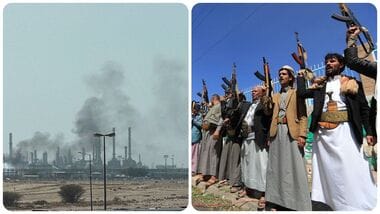 (L-R) Smoke rises from a fire at the Aramco refinery south of Riyadh, Saudi Arabia, October 3, 2026. Picture taken with a mobile phone; fighters of Houthi group