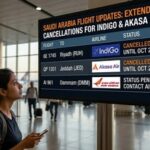 IndiGo has cancelled Saudi Arabia flights until October 27 and 31, while Akasa Air has extended suspensions into November. Check the latest dates and Air India’s flight status.