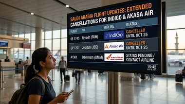 IndiGo has cancelled Saudi Arabia flights until October 27 and 31, while Akasa Air has extended suspensions into November. Check the latest dates and Air India’s flight status.