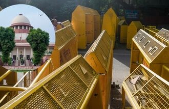 police barricades stacked along Jantar Mantar Road as part of security arrangements ahead of a proposed protest call by the Cockroach Janta Party (CJP). (Inset: Supreme Court of India File Photo).