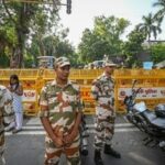 Security personnel are seen deployed in large numbers near Jantar Mantar, as roads leading to the protest site remain closed and barricaded amid heightened security arrangements ahead of a protest called by the Cockroach Janta Party (CJP) in New Delhi, on Friday, October 9, 2026. (Photo by Sanchit Khanna/ Hindustan Times)