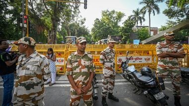 Security personnel are seen deployed in large numbers near Jantar Mantar, as roads leading to the protest site remain closed and barricaded amid heightened security arrangements ahead of a protest called by the Cockroach Janta Party (CJP) in New Delhi, on Friday, October 9, 2026. (Photo by Sanchit Khanna/ Hindustan Times)