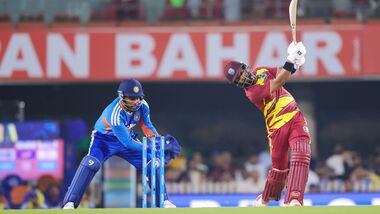West Indies skipper Shai Hope plays a shot during his match-winning hundred against India in the second T20I in Ranchi.