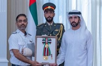 UAE President Sheikh Mohamed bin Zayed Al Nahyan conferred the state honour, which was presented by Dubai Crown Prince Sheikh Hamdan bin Mohammed bin Rashid Al Maktoum. Hamdan commended the crew’s actions and their sense of responsibility during the emergency. (Image: @DXBMediaOffice/X)