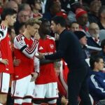 Arsenal's Kai Havertz, Martin Odegaard and Bukayo Saka with manager Mikel Arteta in action (file photo)