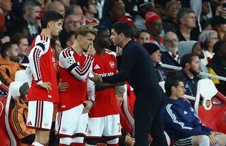 Arsenal's Kai Havertz, Martin Odegaard and Bukayo Saka with manager Mikel Arteta in action (file photo)
