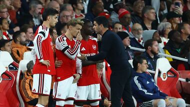 Arsenal's Kai Havertz, Martin Odegaard and Bukayo Saka with manager Mikel Arteta in action (file photo)