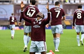 Aston Villa's Nicolas Jackson celebrates scoring their first goal.