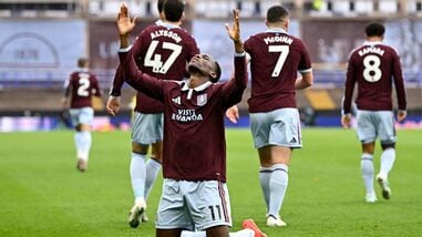 Aston Villa's Nicolas Jackson celebrates scoring their first goal.