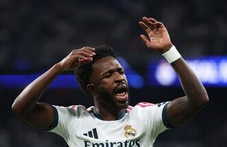 Real Madrid's Vinicius Junior reacts