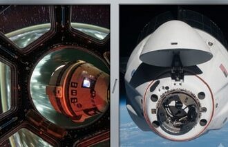 L-R: Boeing’s Starliner spacecraft that launched NASA’s Crew Flight Test astronauts Butch Wilmore and Suni Williams to the International Space Station is pictured docked to the Harmony module’s forward port; This image from April 24, 2021, shows the SpaceX Crew Dragon Endeavour as it approached the International Space Station.