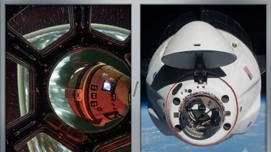 L-R: Boeing’s Starliner spacecraft that launched NASA’s Crew Flight Test astronauts Butch Wilmore and Suni Williams to the International Space Station is pictured docked to the Harmony module’s forward port; This image from April 24, 2021, shows the SpaceX Crew Dragon Endeavour as it approached the International Space Station.