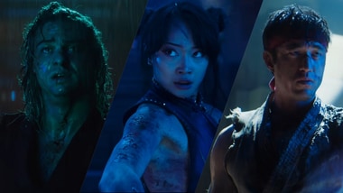 Noah Centineo, Calliana Liang, and Andrew Koji in stills from Street Fighter trailers.