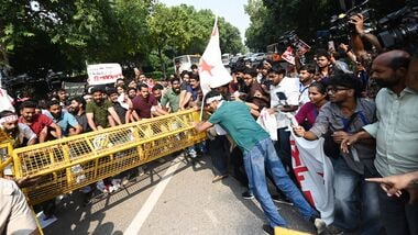 New Delhi, India - Oct. 14, 2026: The Students' Federation of India (SFI) and the Democratic Youth Federation of India (DYFI) members protesting against CEC Gyanesh Kumar near Jantar Mantar in New Delhi, India, on Wednesday, October 14, 2026.  (Photo by Ishant Chauhan/ Hindustan Times)