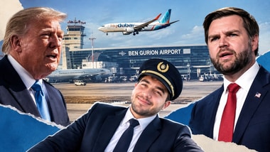 A file photo of Ben Gurion Airport, US President Donald Trump(Left), Vice President JD Vance(Right) and Omani co-pilot Hamam al-Hammami(Centre). (AI-generated collage)