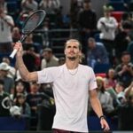 Germany's Alexander Zverev celebrates after winning against France's Quentin Halys during their men's singles match at the Shanghai Masters tennis tournament in Shanghai.