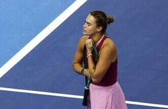 Aryna Sabalenka reacts during her round of 64 match against Renata Zarazua