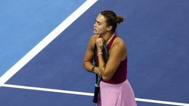 Aryna Sabalenka reacts during her round of 64 match against Renata Zarazua