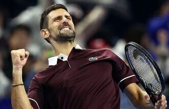 Novak Djokovic celebrates winning his round of 16 match against Bu Yunchaokete